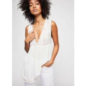 Free People Ivory Combo Diamond Embroidered Top